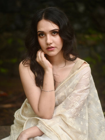 Vanilla Soft Satin Saree with Fusion Embroidery CSE Geetha Creation